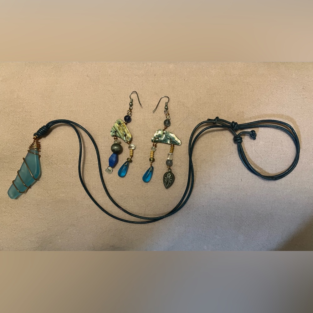 Handmade Sea Glass Copper Leather Cord Necklace + Shell & Bead Earrings